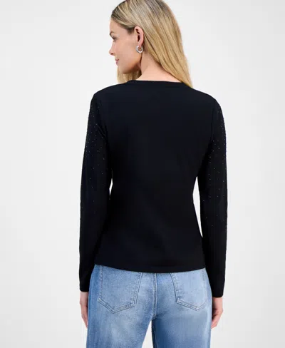 Inc International Concepts Petite Embellished V-neck T-shirt, Macy's Exclusive In Black