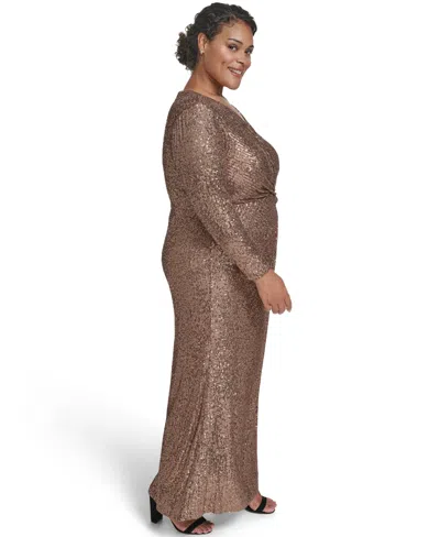 Jessica Howard Plus Size Sequin Twist-front Long Sleeve Gown In Brown