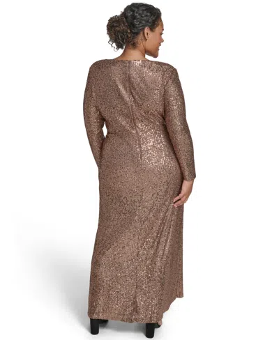 Jessica Howard Plus Size Sequin Twist-front Long Sleeve Gown In Brown