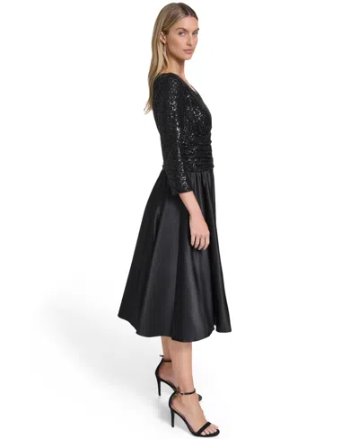Jessica Howard Petite 3/4-sleeve V-neck Sequin Midi Dress In Black