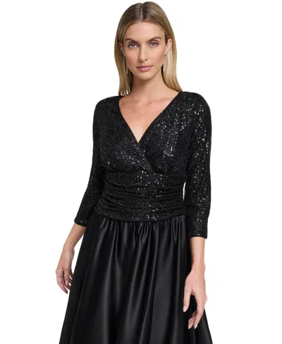 Jessica Howard Petite 3/4-sleeve V-neck Sequin Midi Dress In Black
