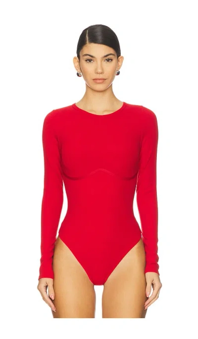 Fleur Du Mal Hourglass Rib Long Sleeve Thong Bodysuit Rouge In Red
