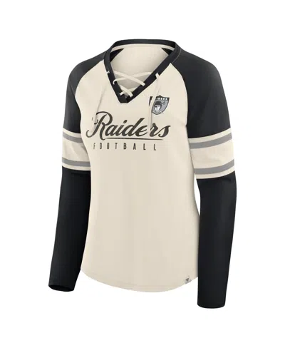 Fanatics Women's Cream/black Las Vegas Raiders Hometown Gridiron Hero Raglan Lace-up V-neck Long Sleeve T-shi In Neutral