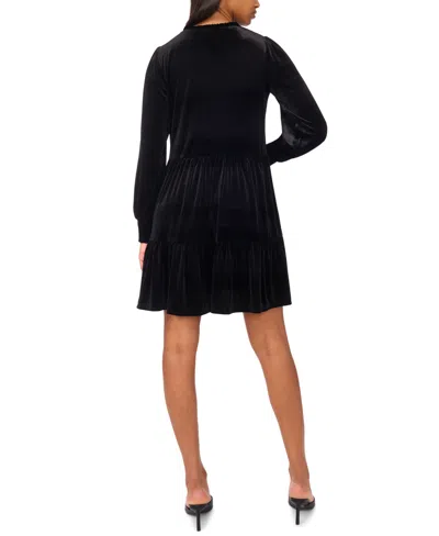 Msk Women's Split-neck Blouson-sleeve Tiered Velvet Shift Dress In Black