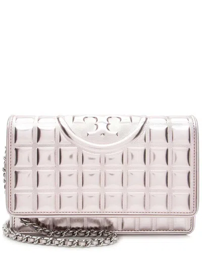 Tory Burch Pink Leather Metallic Square Quilted Fleming Soft Wallet On Chain  (authentic Pre-loved) In Metallic