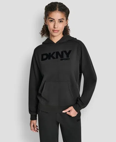 Dkny Women's Flock Logo Kanga Pocket Pull-on Hoodie In Black