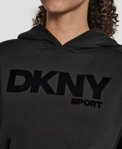 Dkny Women's Flock Logo Kanga Pocket Pull-on Hoodie In Black
