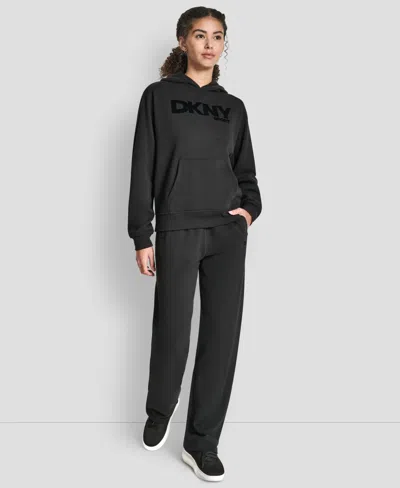 Dkny Women's Flock Logo Kanga Pocket Pull-on Hoodie In Black
