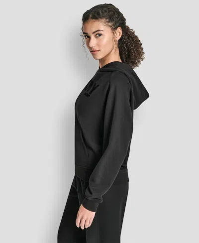 Dkny Women's Flock Logo Kanga Pocket Pull-on Hoodie In Black