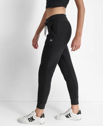 Dkny Sport Jogger Sweatpants Womens Black Fleece Drawstring Waist Fts718 In Black