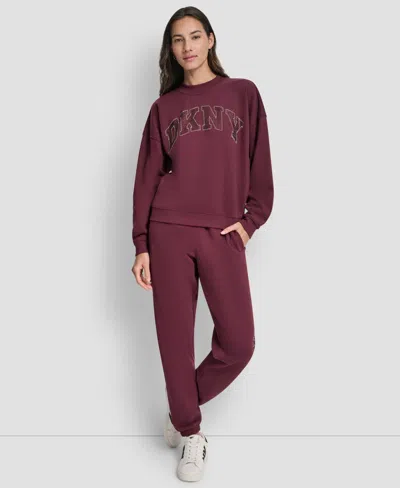 Dkny Women's Exploded Rhinestone Varsity Logo Sweatshirt In Burgundy