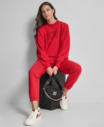Dkny Women's Exploded Rhinestone Varsity Logo Sweatshirt In Red