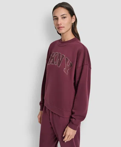 Dkny Women's Exploded Rhinestone Varsity Logo Sweatshirt In Burgundy