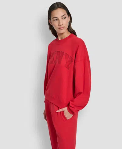 Dkny Women's Exploded Rhinestone Varsity Logo Sweatshirt In Red