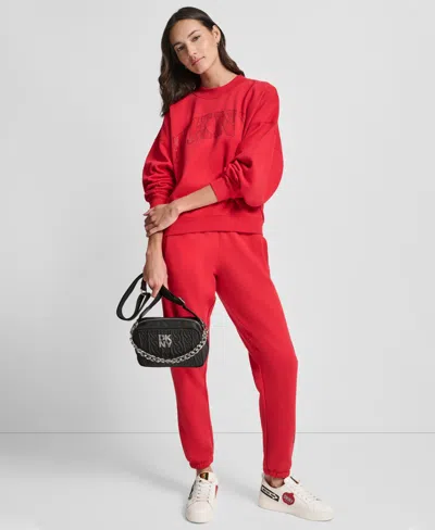 Dkny Women's Exploded Rhinestone Varsity Logo Sweatshirt In Red