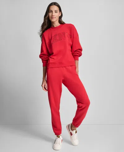 Dkny Women's Exploded Rhinestone Varsity Logo Sweatshirt In Red