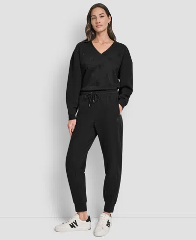 Dkny Women's Stacked Mini Rhinestone Logo Relaxed Cuff Jogger In Black