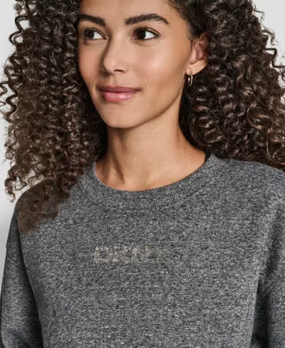 Dkny Women's Rhinestone Logo Long Line Crewneck Sweatshirt In Gray