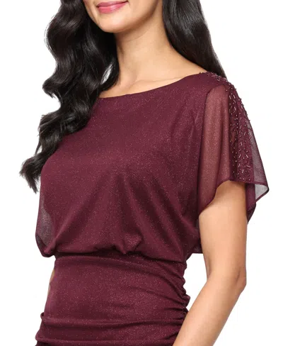 Sl Fashions Women's Glitter Mesh Ruched Waist Long Dress In Brown