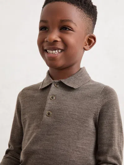 Reiss Dark Brown Melange Trafford Merino Wool Long-sleeve Polo Shirt In Gray