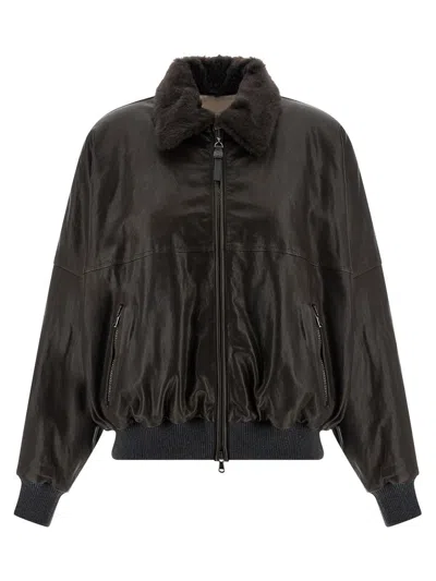 Brunello Cucinelli Women Aviator Leather Bomber In Black