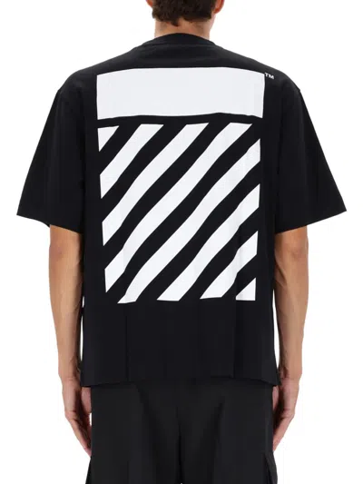 Off-white Black Crewneck T-shirt With Logo Lettering On The Front And Maxi Diagonal Motif On The Rear In Cotto In Black