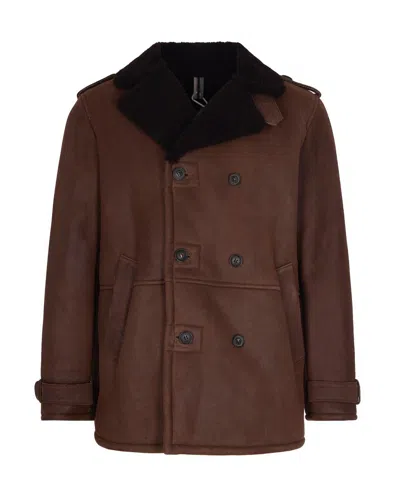 D Four Double-breasted Suede Leather Jacket With Notched Lapel In Brown