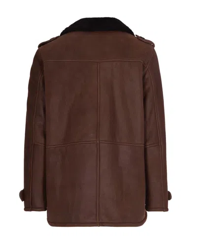 D Four Double-breasted Suede Leather Jacket With Notched Lapel In Brown