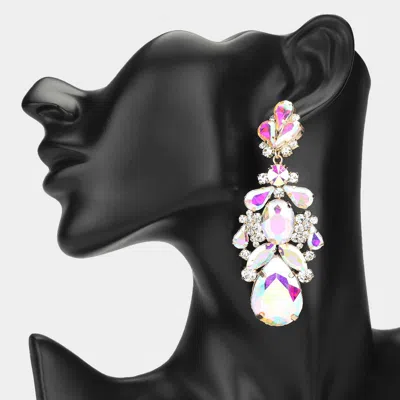 Fashnzfab Teardrop Oval Marquise Stone Cluster Embellished Evening Earrings - Ab, Clear, Gold In Animal Print
