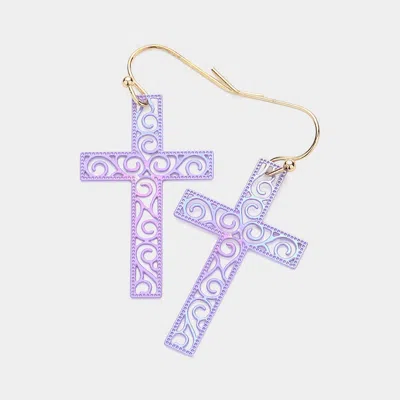 Fashnzfab Brass Metal Filigree Cross Dangle Earrings - Lavender In Purple