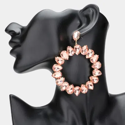 Fashnzfab Teardrop Glass Crystal Open Circle Evening Earrings - Peach In Pink