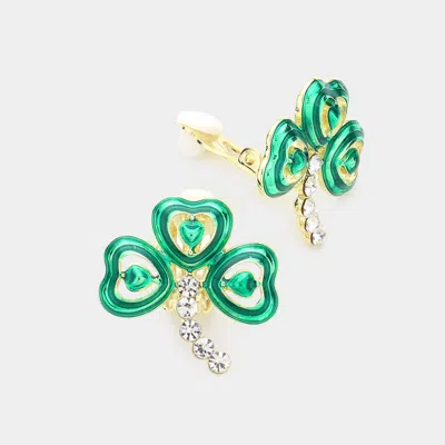 Fashnzfab St Patricks Enamel Clover Clip On Earrings 1" X 1" In Green