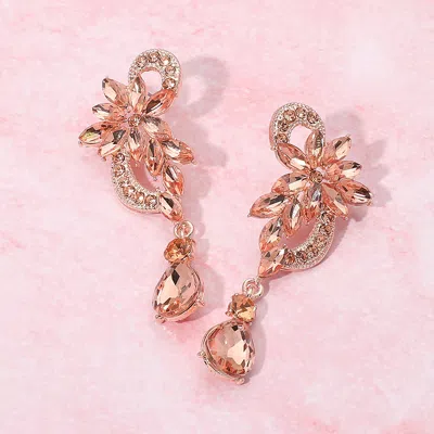 Fashnzfab Flower Stone Cluster Teardrop Dangle Evening Earrings - Peach, Rose Gold In Gold