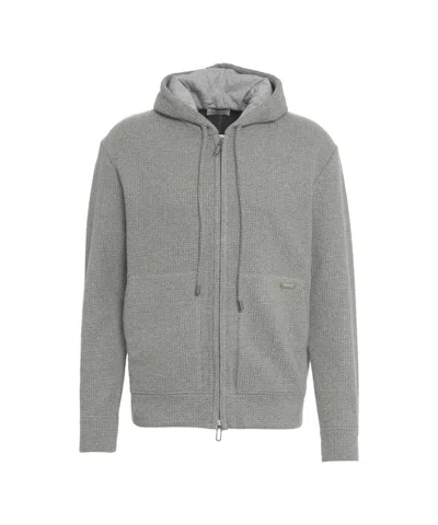 Paolo Pecora Textured Zip-up Hoodie With Drawstring Hood And Ribbed Cuffs In Gray