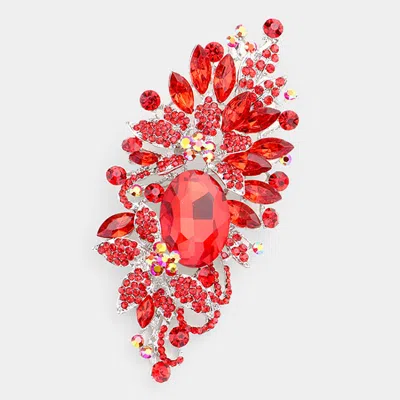 Fashnzfab Floral Crystal Rhinestone Brooch / Pendant In Red