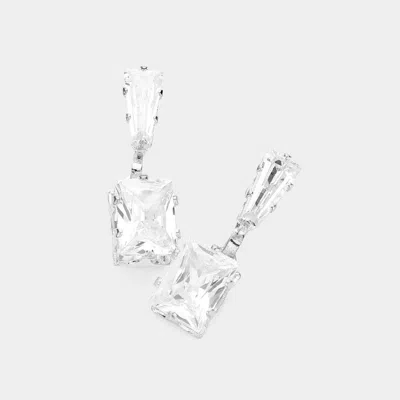 Fashnzfab Square Cz Stone Dangle Evening Earrings - Silver In Silver
