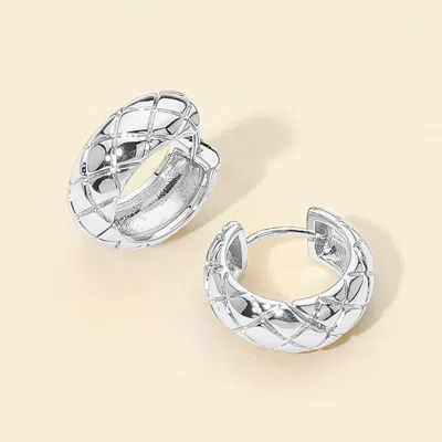 Fashnzfab White Gold Dipped Quilt Pattern Huggie Hoop Earrings - Silver In White