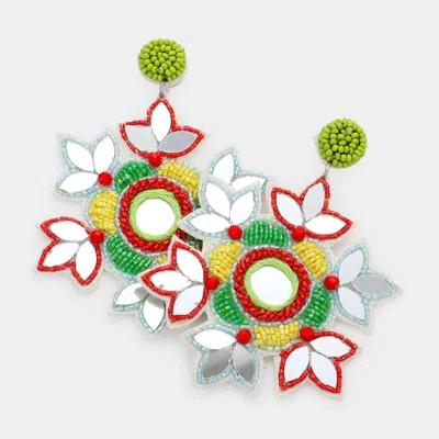Fashnzfab Faux Leather Back Mirror Beaded Floral Dangle Earrings - Multi In Multi