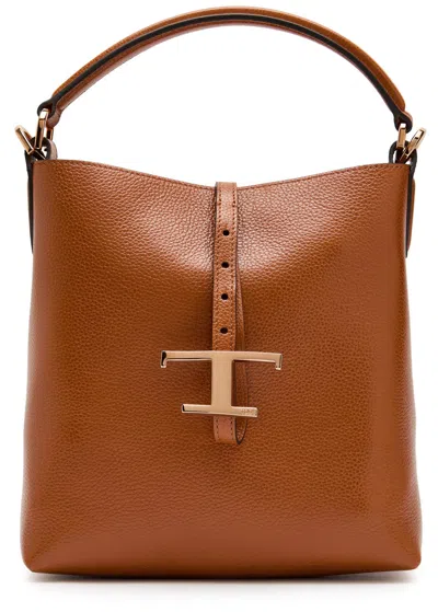Tod's Brown Textured Leather Bucket Bag With Adjustable Strap And Gold-tone Logo In Brown