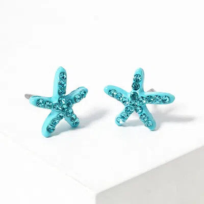 Fashnzfab Crystal Paved Starfish Stud Earrings - Aqua In Gold