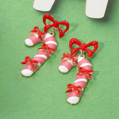 Fashnzfab Enamel Bow Candy Cane Dangle Earrings - Gold, Red In Brown