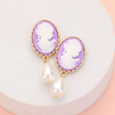 Fashnzfab Teardrop Pearl Dangle Cameo Earrings - Lavender In Pink