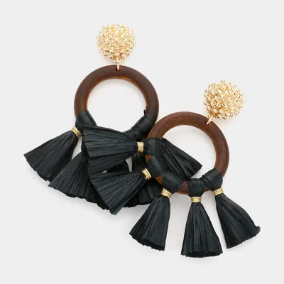 Fashnzfab Wood Open Circle Raffia Tassel Dangle Earrings - Black In Black