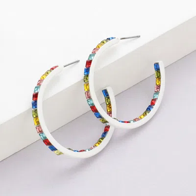 Fashnzfab Square Rhinestone Stone Accented Hoop Earrings - Multi, White In Silver