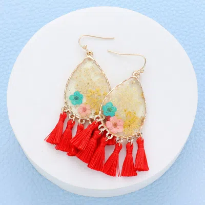 Fashnzfab Pressed Flower Lucite Teardrop Tassel Dangle Earrings - Gold, Red In Gold