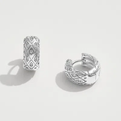 Fashnzfab 14k Gold Dipped Cz Stone Paved Quilted Mini Huggie Hoop Earrings - Silver In Silver