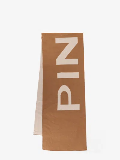Pinko Merino Wool Scarf With Logo Print In Brown