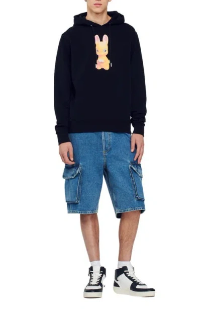 Sandro Rabbit Cotton Graphic Hoodie In Black