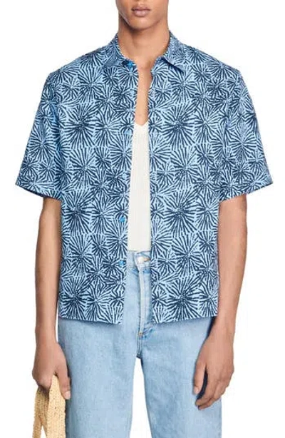 Sandro Sea Urchin Short Sleeve Lyocell & Linen Button-up Shirt In Blue