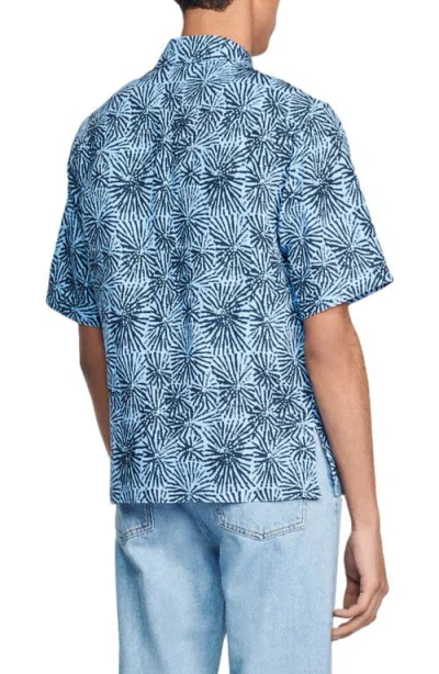 Sandro Sea Urchin Short Sleeve Lyocell & Linen Button-up Shirt In Blue